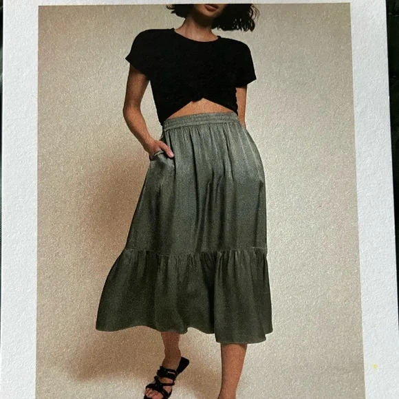 NATION LA Olive Green Viscose Tiered Midi Skirt Size M NWT - Picture 11 of 13